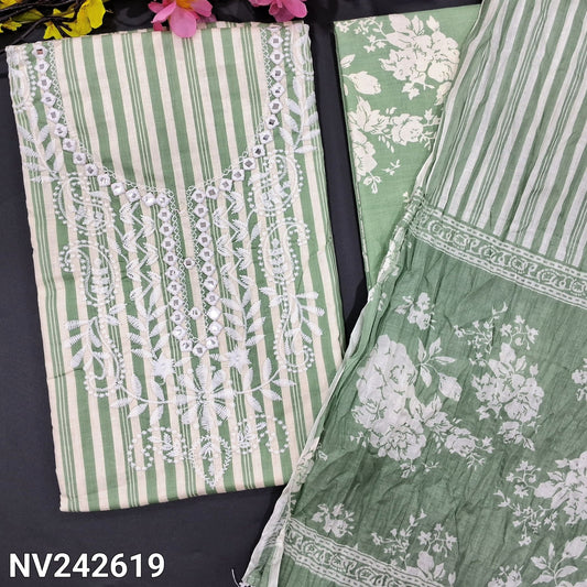 CODE NV242619 : Light green vertical printed soft cotton unstitched salwar material, embroidered &foil work on yoke(lining needed)floral printed cotton bottom, crinkled soft pure cotton dupatta with lace tapings.