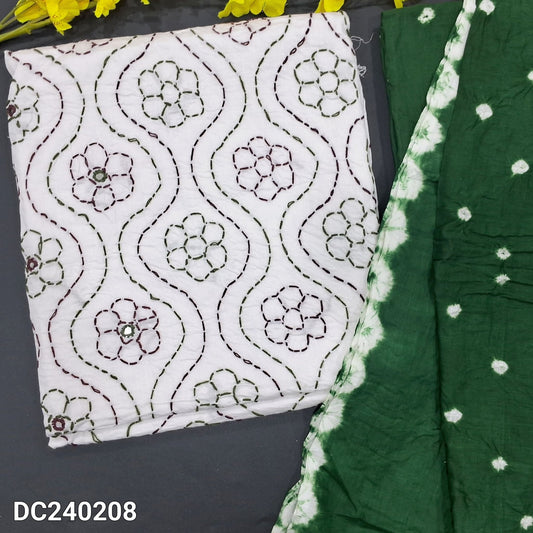 CODE DC240208 : White pure cotton unstitched salwar material, heavy thread& real mirror work on front(thin fabric, lining needed)dark green original bandhini dyed bottom, original bandhini dyed pure cotton dupatta.