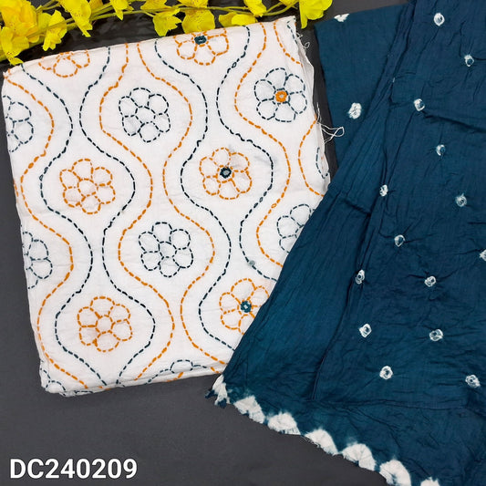 CODE DC240209 : White pure cotton unstitched salwar material, heavy thread& real mirror work on front(thin fabric, lining needed)dark teal blue original bandhini dyed bottom, original bandhini dyed pure cotton dupatta.