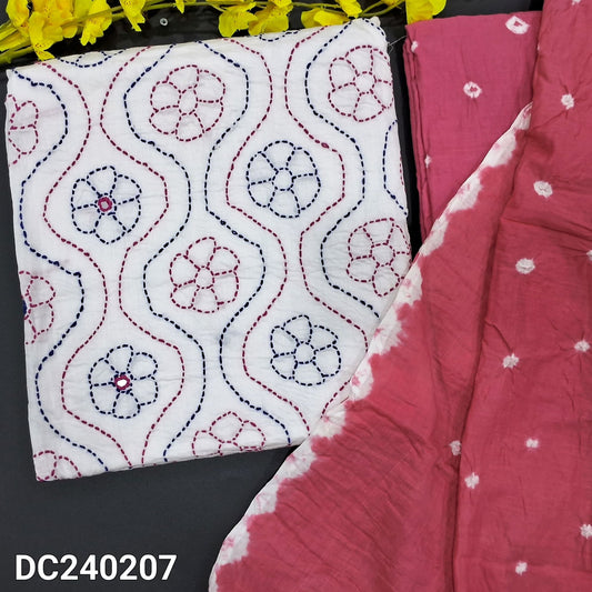 CODE DC240207 : White pure cotton unstitched salwar material, heavy thread& real mirror work on front(thin fabric, lining needed)pink original bandhini dyed bottom, original bandhini dyed pure cotton dupatta.