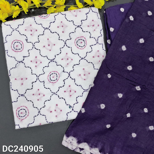 CODE DC240905 : White pure cotton unstitched salwar material, heavy thread work on front(thin fabric, lining needed)purple original bandhini dyed bottom, original bandhini dyed pure cotton dupatta.