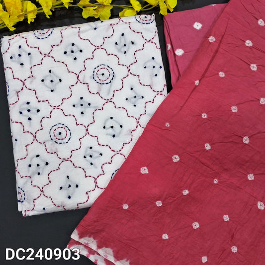 CODE DC240903 : White pure cotton unstitched salwar material, heavy thread work on front(thin fabric, lining needed)light pink original bandhini dyed bottom, original bandhini dyed pure cotton dupatta.