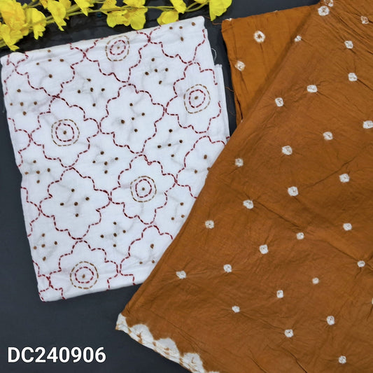 CODE DC240906 : White pure cotton unstitched salwar material, heavy thread work on front(thin fabric, lining needed)mehandhi yellow original bandhini dyed bottom, original bandhini dyed pure cotton dupatta.