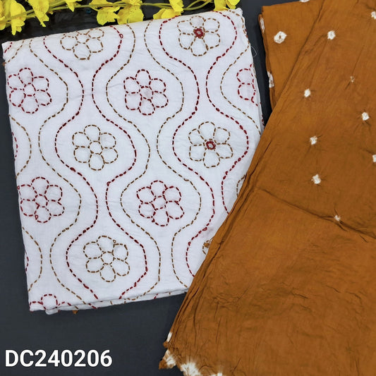 CODE DC240206 : White pure cotton unstitched salwar material, heavy thread& real mirror work on front(thin fabric, lining needed)mehandhi yellow original bandhini dyed bottom, original bandhini dyed pure cotton dupatta.