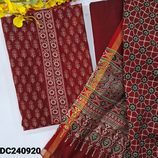 CODE DC240920 : Dark maroon printed premium chanderi soft silk cotton unstitched salwar material(thin fabric, lining needed)matching cotton bottom, printed chanderi silk cotton full length dupatta with gold tissue borders.