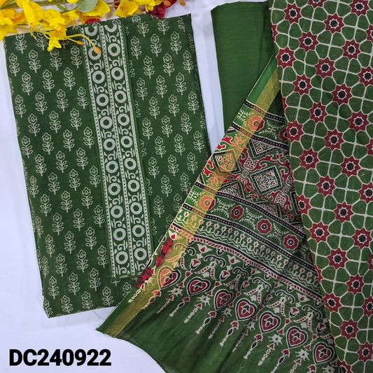 CODE DC240922 : Green printed premium chanderi soft silk cotton unstitched salwar material(thin fabric, lining needed)matching cotton bottom, printed chanderi silk cotton full length dupatta with gold tissue borders.