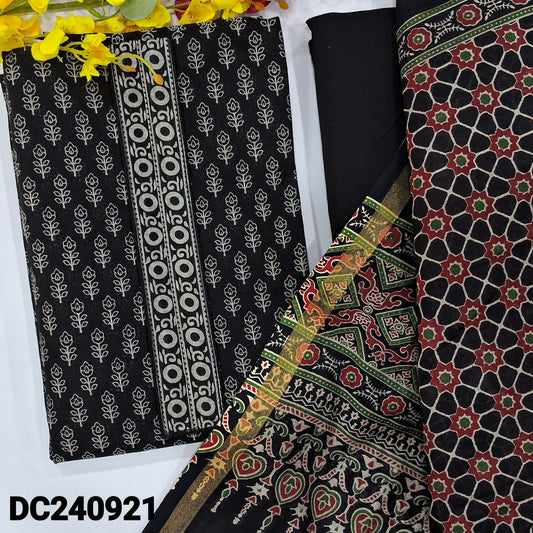 CODE DC240921 : Black printed premium chanderi soft silk cotton unstitched salwar material(thin fabric, lining needed)matching cotton bottom, printed chanderi silk cotton full length dupatta with gold tissue borders.