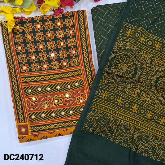 CODE DC240712 : Mehandhi yellow ajrak block printed pure cotton unstitched salwar material, faux mirror work on yoke(lining optional)green block printed pure cotton bottom, block printed pure cotton dupatta(REQUIRES TAPINGS).