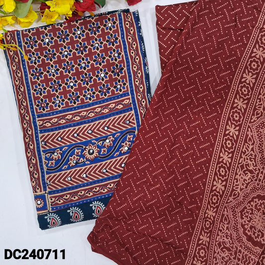 CODE DC240711 : Dark blue ajrak block printed pure cotton unstitched salwar material, faux mirror work on yoke(lining optional)maroon block printed pure cotton bottom, block printed pure cotton dupatta(REQUIRES TAPINGS).