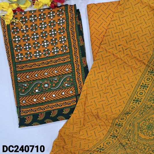 CODE DC240710 : Dark green ajrak block printed pure cotton unstitched salwar material, faux mirror work on yoke(lining optional)mehandhi yellow block printed pure cotton bottom, block printed pure cotton dupatta(REQUIRES TAPINGS).