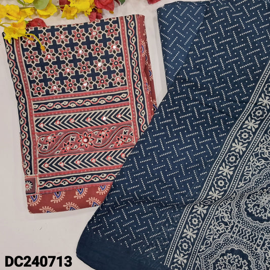 CODE DC240713 : Reddish maroon ajrak block printed pure cotton unstitched salwar material, faux mirror work on yoke(lining optional)blue block printed pure cotton bottom, block printed pure cotton dupatta(REQUIRES TAPINGS).