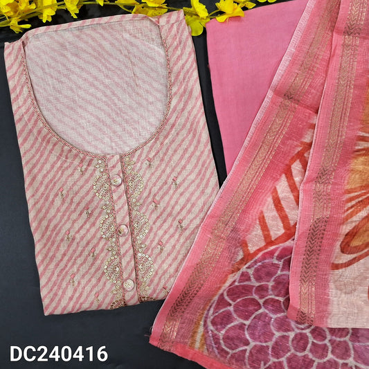 CODE DC240416 : Half white base designer lehariya printed tissue linen unstitched salwar material, zari, sequins& fancy buttons on yoke(thin fabric, lining needed)pink santoon bottom, printed semi linen dupatta.