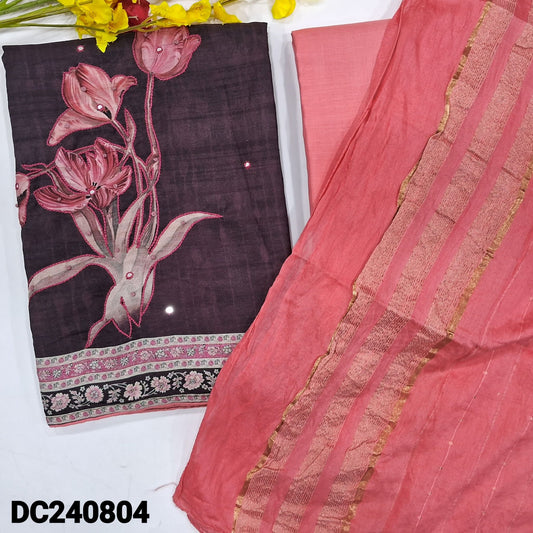 CODE DC240804 : Deep wine purple fancy silk cotton unstitched salwar material, floral printed with thread work on yoke& daman, faux mirror work on yoke(thin fabric, lining needed)pink santoon bottom, fancy soft silk cotton dupatta with sequins work.