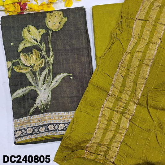 CODE DC240805 : Olive green fancy silk cotton unstitched salwar material, floral printed with thread work on yoke& daman, faux mirror work on yoke(thin, lining needed)mossy green  slub silk cotton bottom, fancy soft silk cotton dupatta with sequins work.