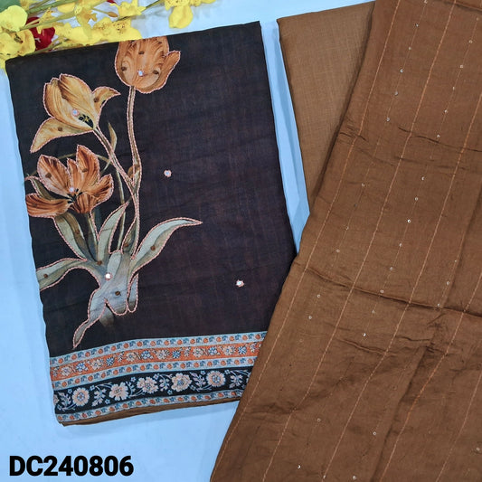 CODE DC240806 : Dark brown fancy silk cotton unstitched salwar material, floral printed with thread work on yoke& daman, faux mirror work on yoke(thin, lining needed)light brown slub silk cotton bottom, fancy soft silk cotton dupatta with sequins work.