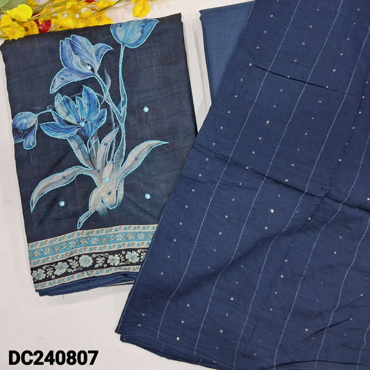 CODE DC240807 : Dark blue fancy silk cotton unstitched salwar material, floral printed with thread work on yoke& daman, faux mirror work on yoke(thin fabric, lining needed)blue slub silk cotton bottom, fancy soft silk cotton dupatta with sequins work.