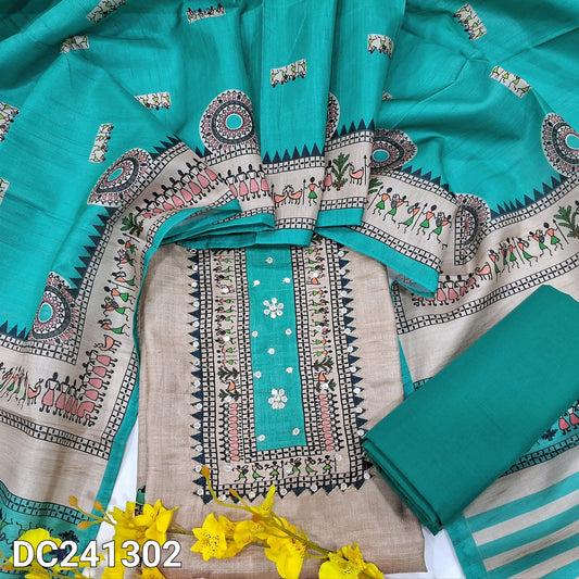 CODE DC241302 : Light greyish beige semi gicha unstitched salwar material, warli printed with faux mirror work on yoke(thin fabric, lining needed)turquoise green cotton bottom, digital warli printed silk cotton dupatta.