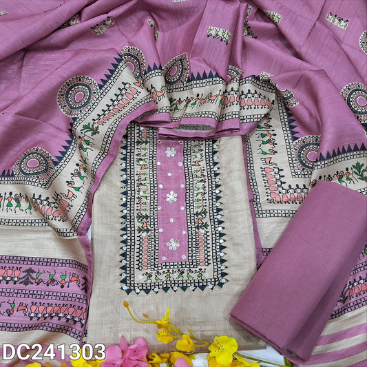 CODE DC241303 : Light greyish beige semi gicha unstitched salwar material, warli printed with faux mirror work on yoke(thin fabric, lining needed)Pink cotton bottom, digital warli printed silk cotton dupatta.