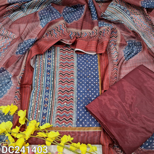 CODE DC241403 : Dark maroon digital printed silk cotton unstitched salwar material, zari& sequins work on yoke, zari buttas all over(thin fabric, lining needed)matching silky bottom, digital printed silk cotton dupatta.