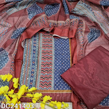 CODE DC241403: Dark maroon digital printed silk cotton unstitched salwar material zari& sequins work on yoke zari