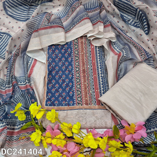 CODE DC241404 : Light beige digital printed silk cotton unstitched salwar material, zari& sequins work on yoke, zari buttas all over(thin fabric, lining needed)matching silky bottom, digital printed silk cotton dupatta.