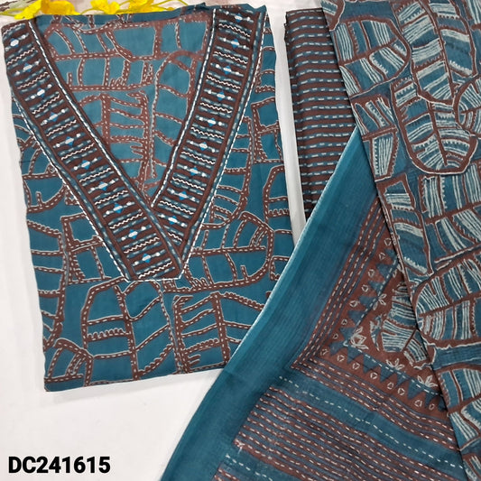 CODE DC241615 : Teal blue printed premium cotton unstitched salwar material, v neck with real mirror &zari work(lining optional)printed cotton bottom, leafy printed pure kota cotton full length dupatta.