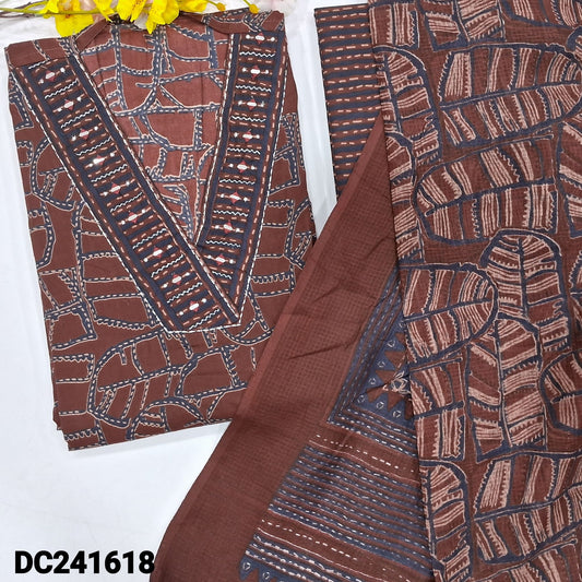 CODE DC241618 : Dark maroon printed premium cotton unstitched salwar material, v neck with real mirror &zari work(lining optional)printed cotton bottom, leafy printed pure kota cotton full length dupatta.