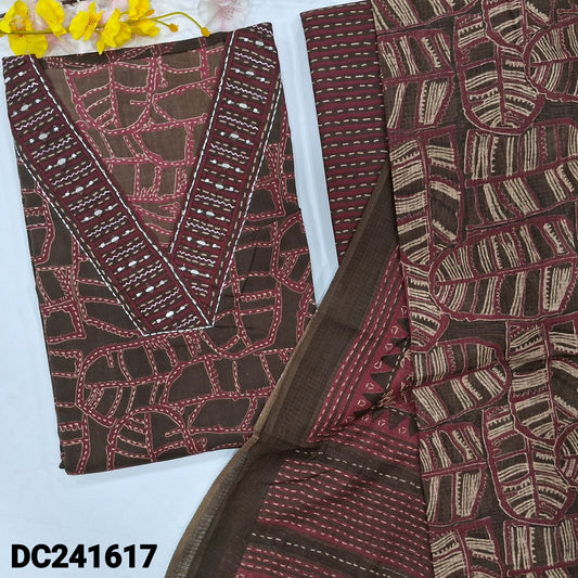 CODE DC241617 : Dark olive green printed premium cotton unstitched salwar material, v neck with real mirror &zari work(lining optional)printed cotton bottom, leafy printed pure kota cotton full length dupatta.