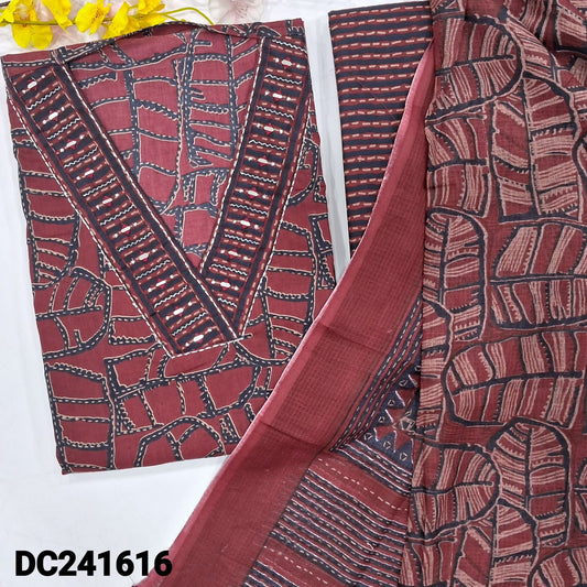 CODE DC241616 : Reddish maroon printed premium cotton unstitched salwar material, v neck with real mirror &zari work(lining optional)printed cotton bottom, leafy printed pure kota cotton full length dupatta.