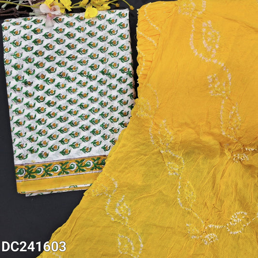 CODE DC241603 : White base hand block printed premium cotton unstitched salwar material(thin fabric, lining needed)sunshine yellow original bandhini dyed cotton bottom,  original bandhini dyed crinkled short width chiffon dupatta(REQUIRES TAPINGS).