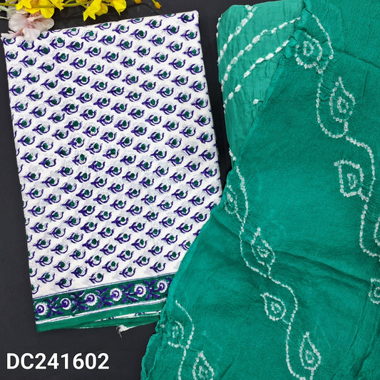 CODE DC241602 : White base hand block printed premium cotton unstitched salwar material(thin fabric, lining needed)turquoise green original bandhini dyed cotton bottom,  original bandhini dyed crinkled short width chiffon dupatta(REQUIRES TAPINGS).