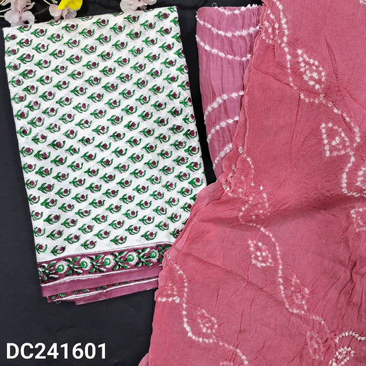 CODE DC241601 : White base hand block printed premium cotton unstitched salwar material(thin fabric, lining needed)pastel pink original bandhini dyed cotton bottom,  original bandhini dyed crinkled short width chiffon dupatta(REQUIRES TAPINGS).