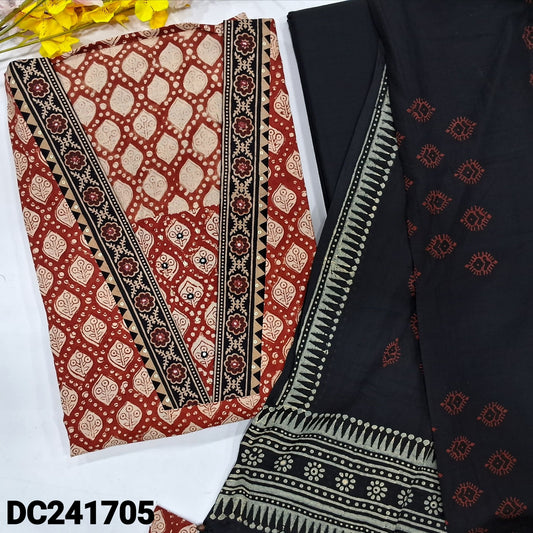 CODE DC241705 : Maroon hand block printed premium cotton unstitched salwar material, v neck with faux mirror &sequins work(lining optional)black cotton bottom, block printed premium mul cotton dupatta.