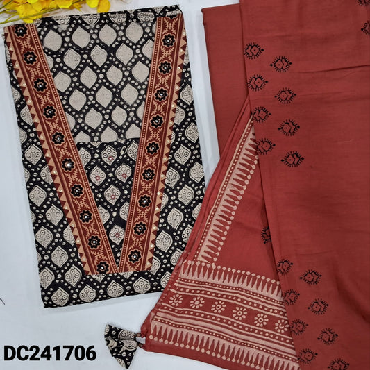 CODE DC241706 : Black hand block printed premium cotton unstitched salwar material, v neck with faux mirror &sequins work(lining optional)maroon cotton bottom, block printed premium mul cotton dupatta.