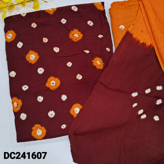 CODE DC241607 : Dark maroon original bandhini dyed rayon fabric unstitched salwar material(lining needed)mango yellow bandhini dyed rayon bottom, dual shaded bandhini dyed rayon dupatta(REQUIRES TAPINGS).