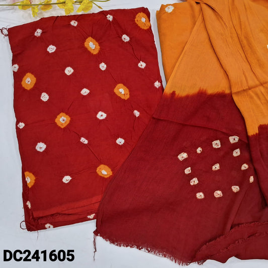 CODE DC241605 : Reddish maroon original bandhini dyed rayon fabric unstitched salwar material(lining needed)mango yellow bandhini dyed rayon bottom, dual shaded bandhini dyed rayon dupatta(REQUIRES TAPINGS).