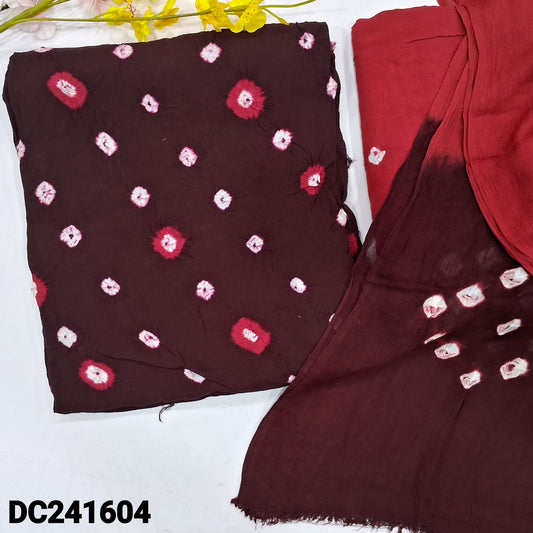 CODE DC241604 : Deep wine purple original bandhini dyed rayon fabric unstitched salwar material(lining needed)reddish maroon bandhini dyed rayon bottom, dual shaded bandhini dyed rayon dupatta(REQUIRES TAPINGS).