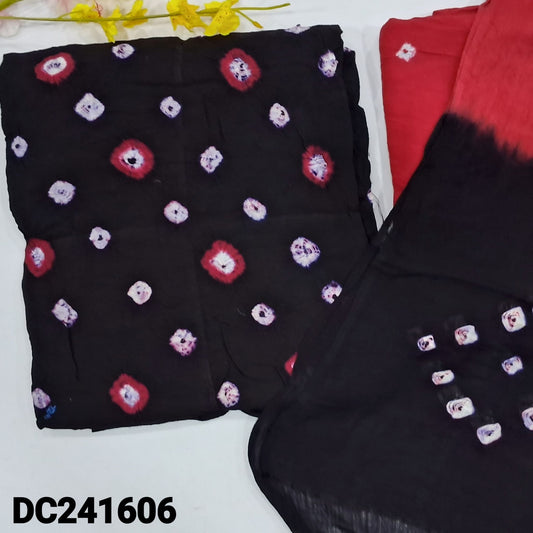 CODE DC241606 : Black original bandhini dyed rayon fabric unstitched salwar material(lining needed)reddish maroon bandhini dyed rayon bottom, dual shaded bandhini dyed rayon dupatta(REQUIRES TAPINGS).