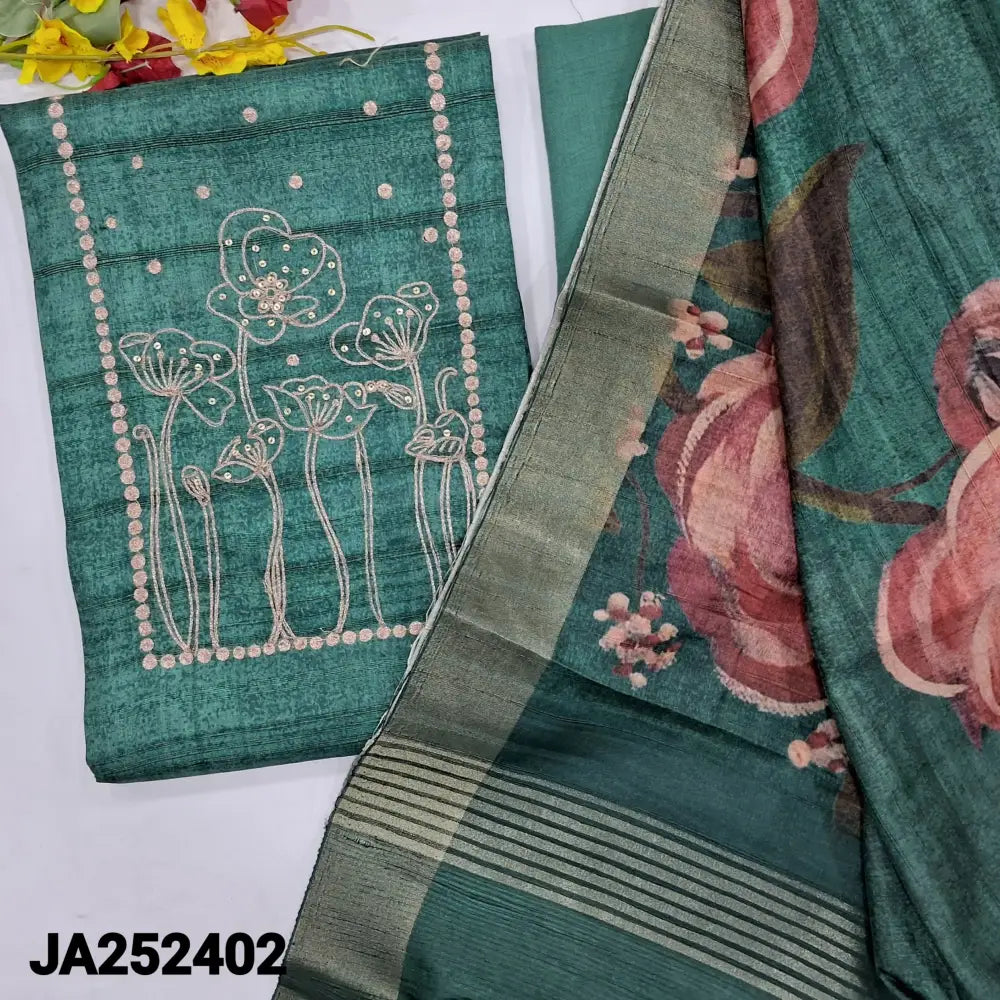 CODE JA252402: Turquoise green designer abstract printed jute silk unstitched salwar material zari& sequins work