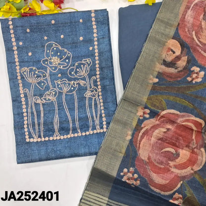 CODE JA252401: Blue designer abstract printed jute silk unstitched salwar material zari& sequins work on yoke self