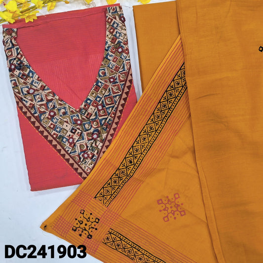 CODE DC241903 : Bright pink south handloom cotton unstitched salwar material, v neck with kalamkari yoke patch& real mirror work(lining needed)mehandhi yellow cotton bottom, block printed premium mul cotton dupatta.