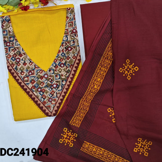 CODE DC241904 : Yellow south handloom cotton unstitched salwar material, v neck with kalamkari yoke patch& real mirror work(lining needed)maroon cotton bottom, block printed premium mul cotton dupatta.