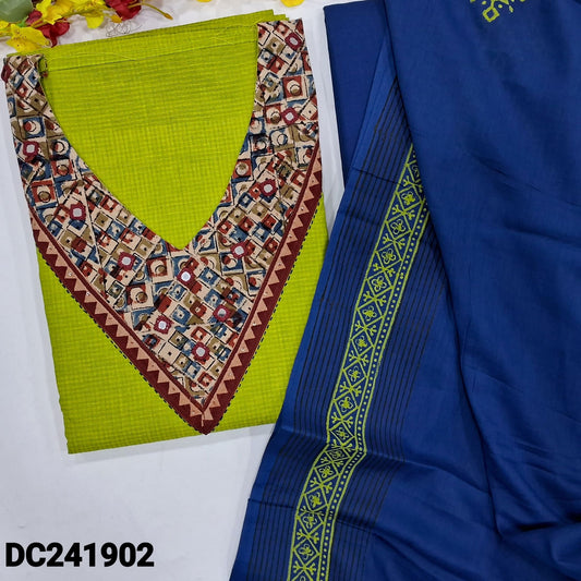 CODE DC241902 : Bright green south handloom cotton unstitched salwar material, v neck with kalamkari yoke patch& real mirror work(lining needed)blue cotton bottom, block printed premium mul cotton dupatta.