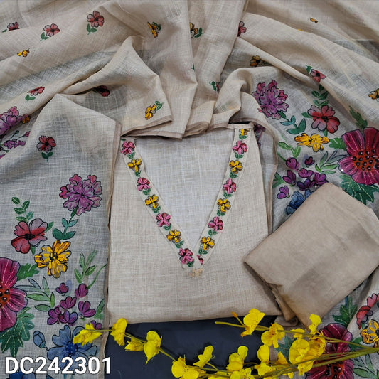 CODE DC242301 : Rich beige with golden tint floral printed pure tissue linen unstitched salwar material, v neck, thread work on yoke& front(thin fabric, lining needed)matching santoon bottom, floral printed pure linen dupatta with hand embroidered.