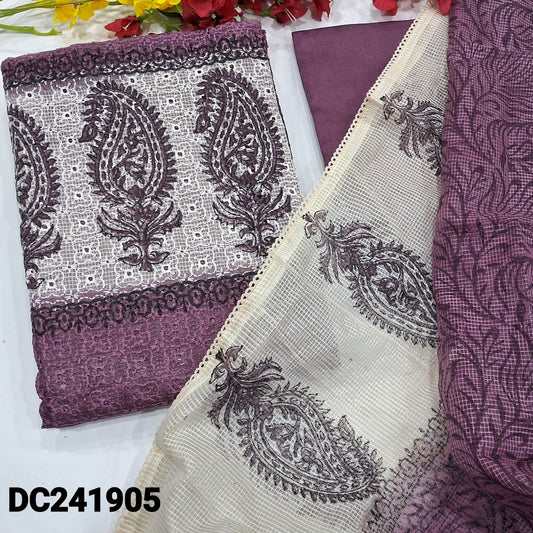 CODE DC241905 : Dark mauve schiffli embroidered fancy super net unstitched salwar material, block printed on yoke(netted fabric, lining needed)matching silk cotton bottom, block printed fancy super net dupatta with lace tapings.