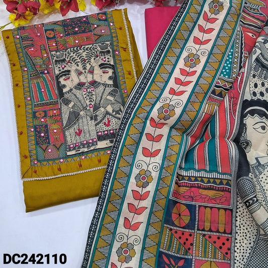 CODE DC242110 : Mehandhi yellow satin cotton unstitched salwar material, badhubani print& faux mirror work on yoke(lining optional)bright pink cotton bottom, digital printed fancy silk cotton dupatta.