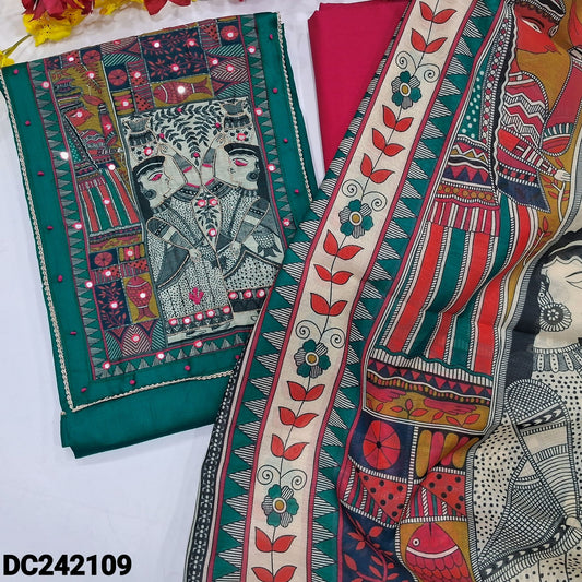 CODE DC242109 : Bright turquoise green satin cotton unstitched salwar material, badhubani print& faux mirror work on yoke(lining optional)bright pink cotton bottom, digital printed fancy silk cotton dupatta.