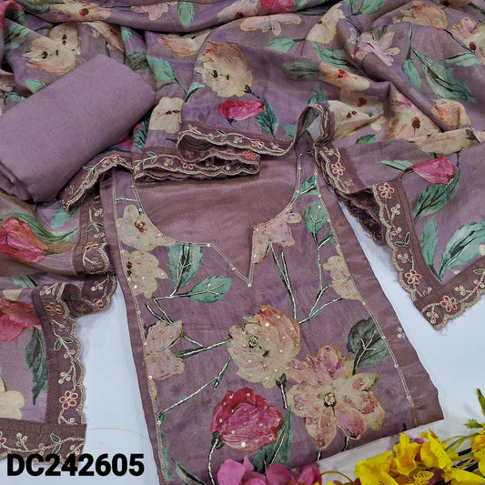 CODE DC242605 : Purple with golden tint pure tissue organza silk unstitched salwar material, zardozi, sequins& zari work on yoke& front(thin, lining needed)matching santoon bottom, floral printed pure tissue organza silk dupatta with scallop edges.