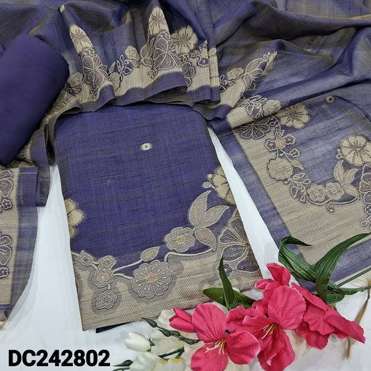 CODE DC242802 : Dark blue shade jamdani woven premium silk cotton unstitched salwar material(thin fabric, lining needed)matching santoon bottom, jamdani woven premium silk cotton dupatta with tassels.