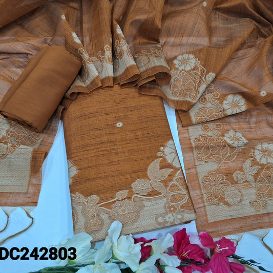 CODE DC242803 : Honey brown shade jamdani woven premium silk cotton unstitched salwar material(thin fabric, lining needed)matching santoon bottom, jamdani woven premium silk cotton dupatta with tassels.